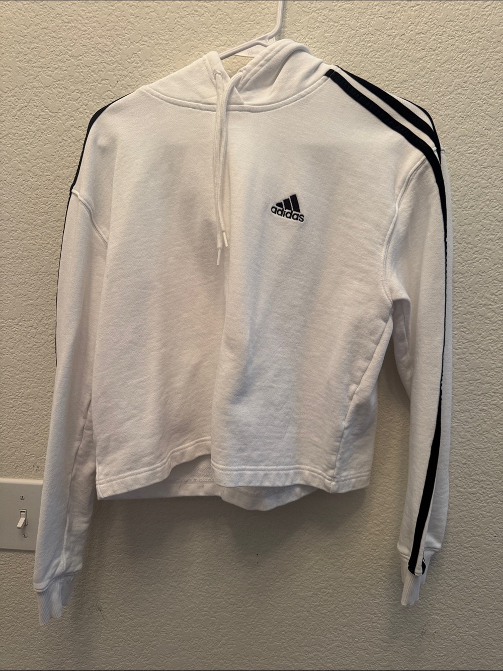 adidas White Cropped Hoodie with Black Shoulder Stripes